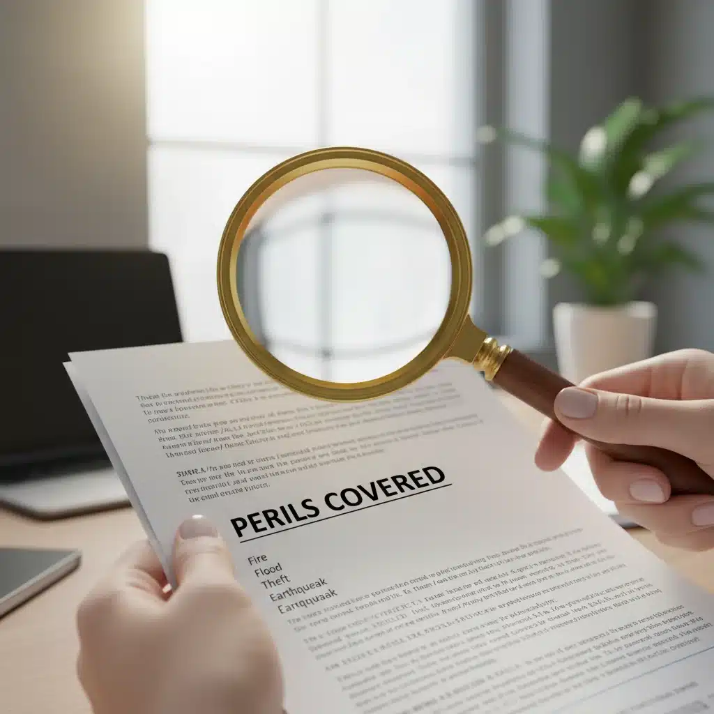 Hand holding an insurance policy document with a magnifying glass over 'Perils Covered' section, highlighting the importance of policy review.