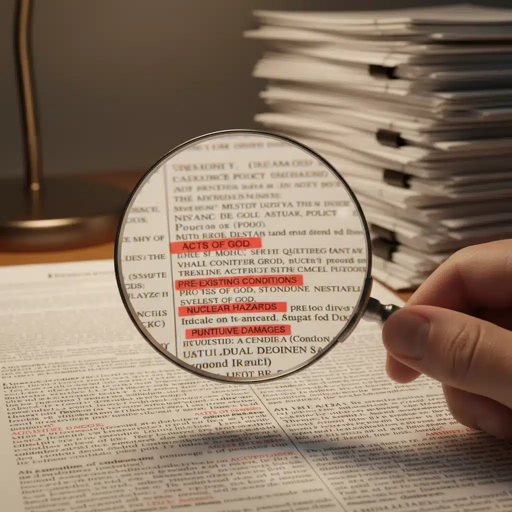 Magnifying glass examining complex insurance policy exclusion clauses.