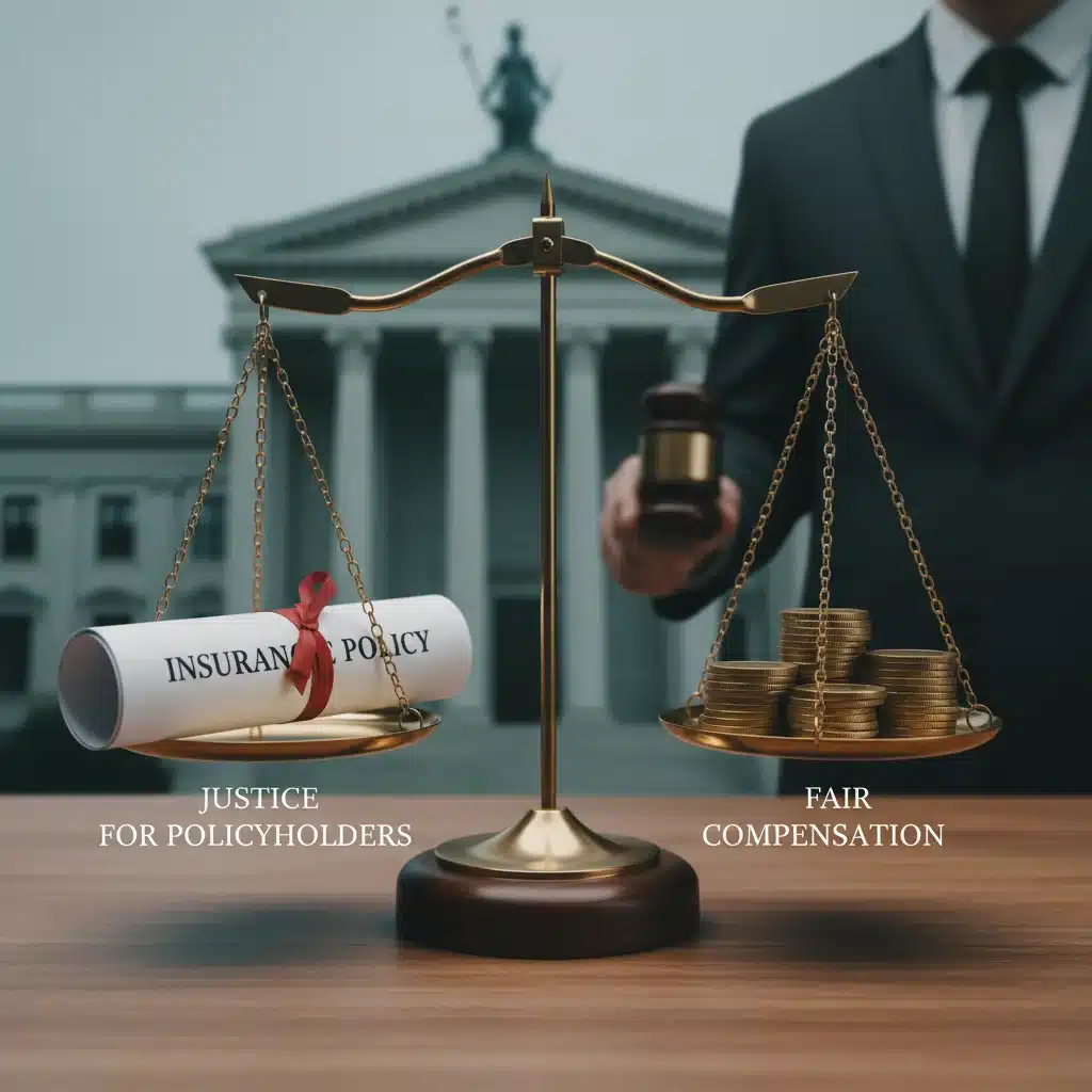 Legal scale balancing insurance policy and coins, symbolizing fair claim settlement