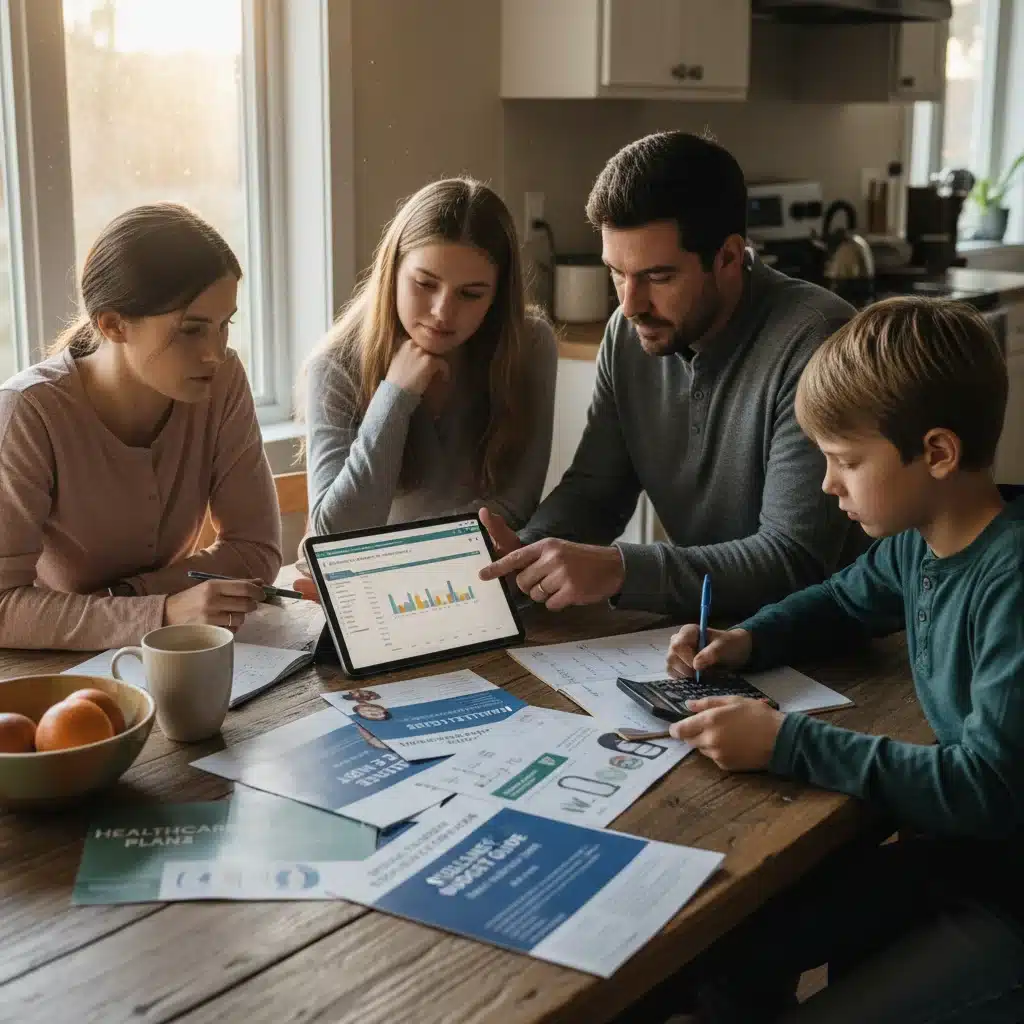 Family discussing health insurance options and budget