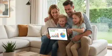 Family happily reviewing home and auto insurance savings on a tablet