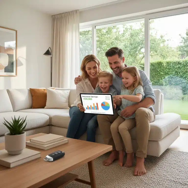 Family happily reviewing home and auto insurance savings on a tablet
