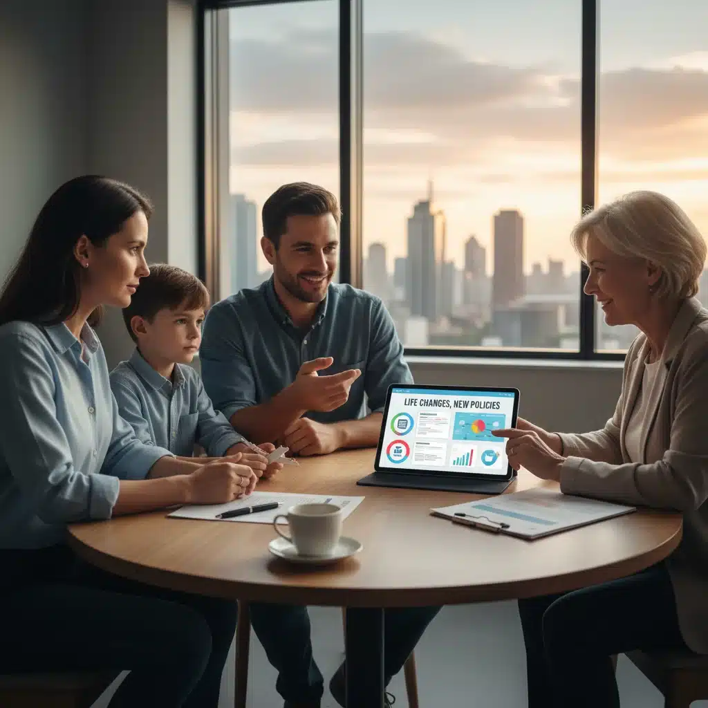 Family consulting with an advisor to update insurance policies.
