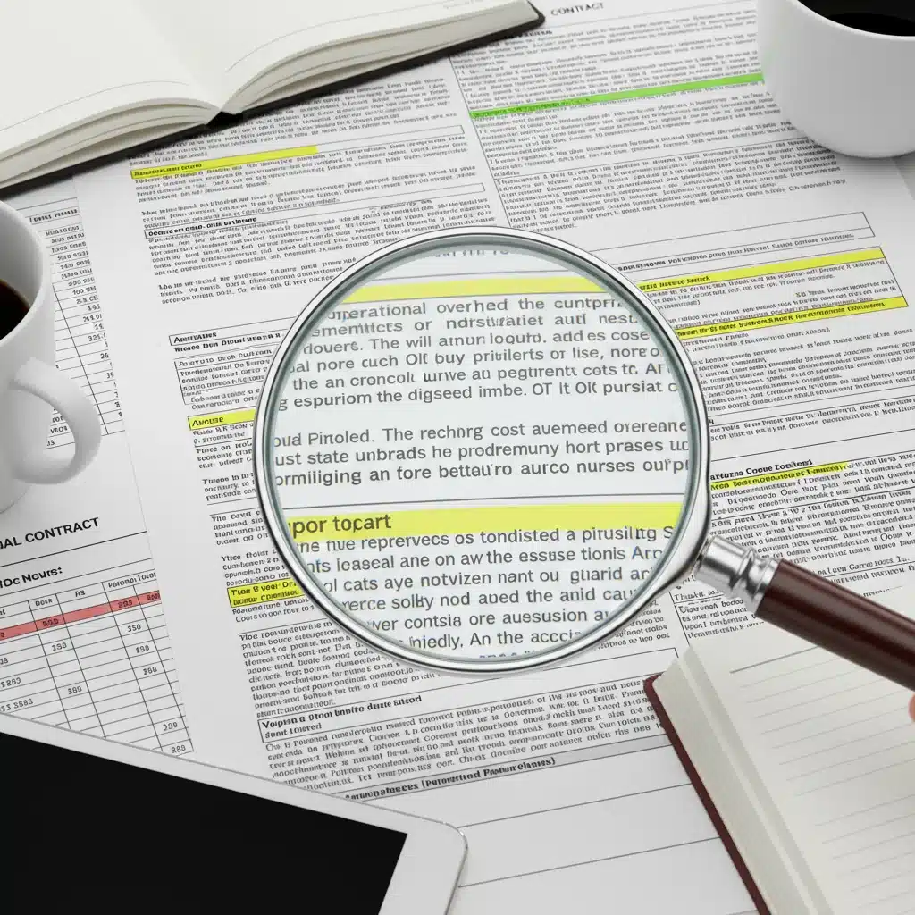 Magnifying glass scrutinizing financial document for cost reduction