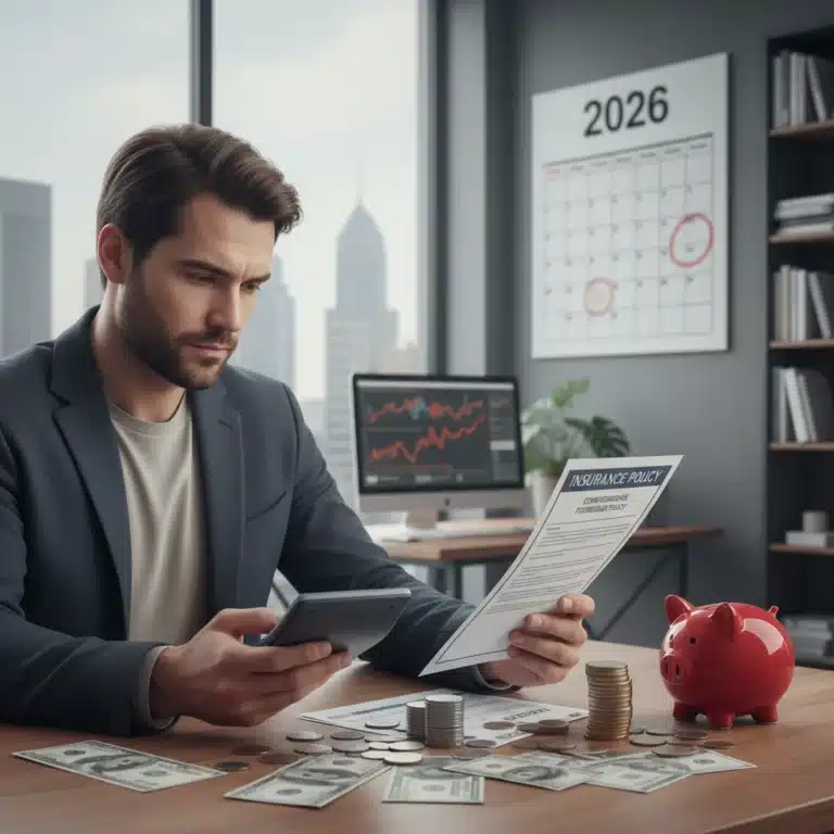 Financial planning for insurance with calculator and policy documents