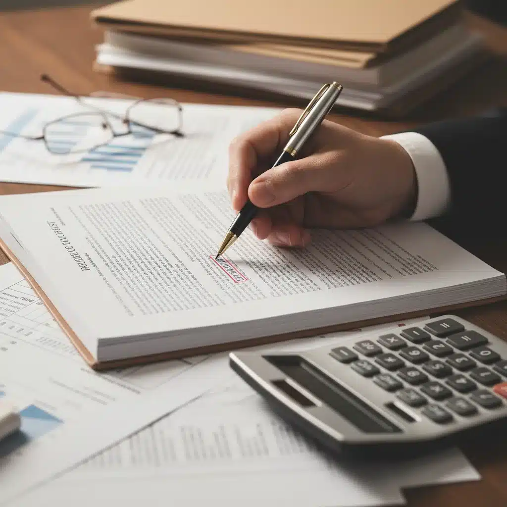 Hand pointing to fine print in an insurance contract with a calculator