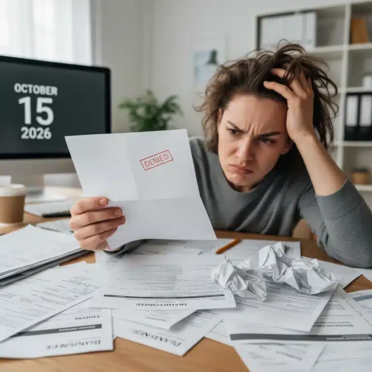 Frustrated person holding an insurance claim denial letter in 2026