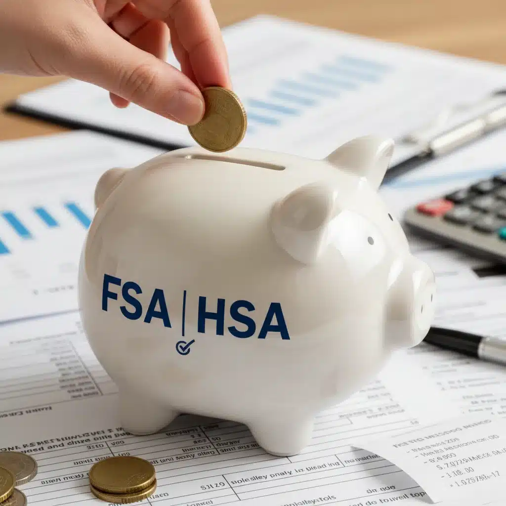 Hand putting coins into an FSA or HSA piggy bank