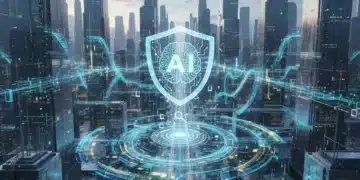 Futuristic cityscape with data streams representing predictive analytics in insurance