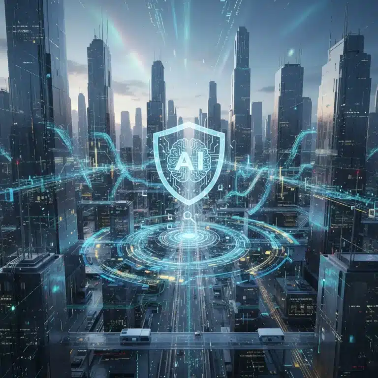 Futuristic cityscape with data streams representing predictive analytics in insurance