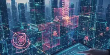 Futuristic digital city with data flows, algorithms, and a hand interacting with insurance data on a tablet, representing advanced risk assessment.
