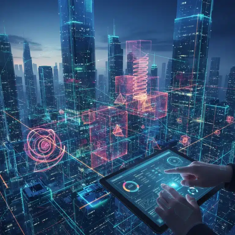 Futuristic digital city with data flows, algorithms, and a hand interacting with insurance data on a tablet, representing advanced risk assessment.