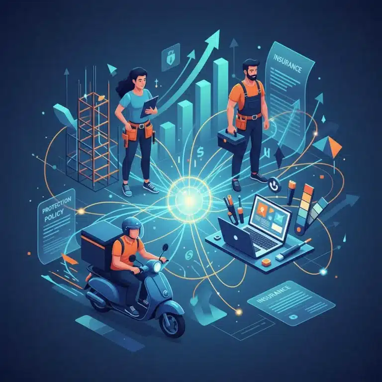 Diverse gig workers connected by a digital network, representing the future of work and specialized insurance needs.