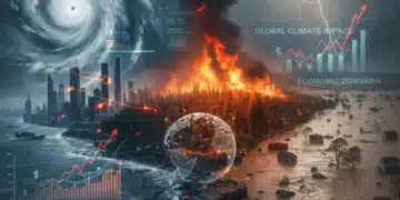 Global impact of climate change with extreme weather events and rising insurance claims.