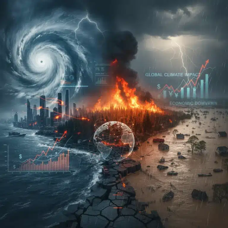 Global impact of climate change with extreme weather events and rising insurance claims.