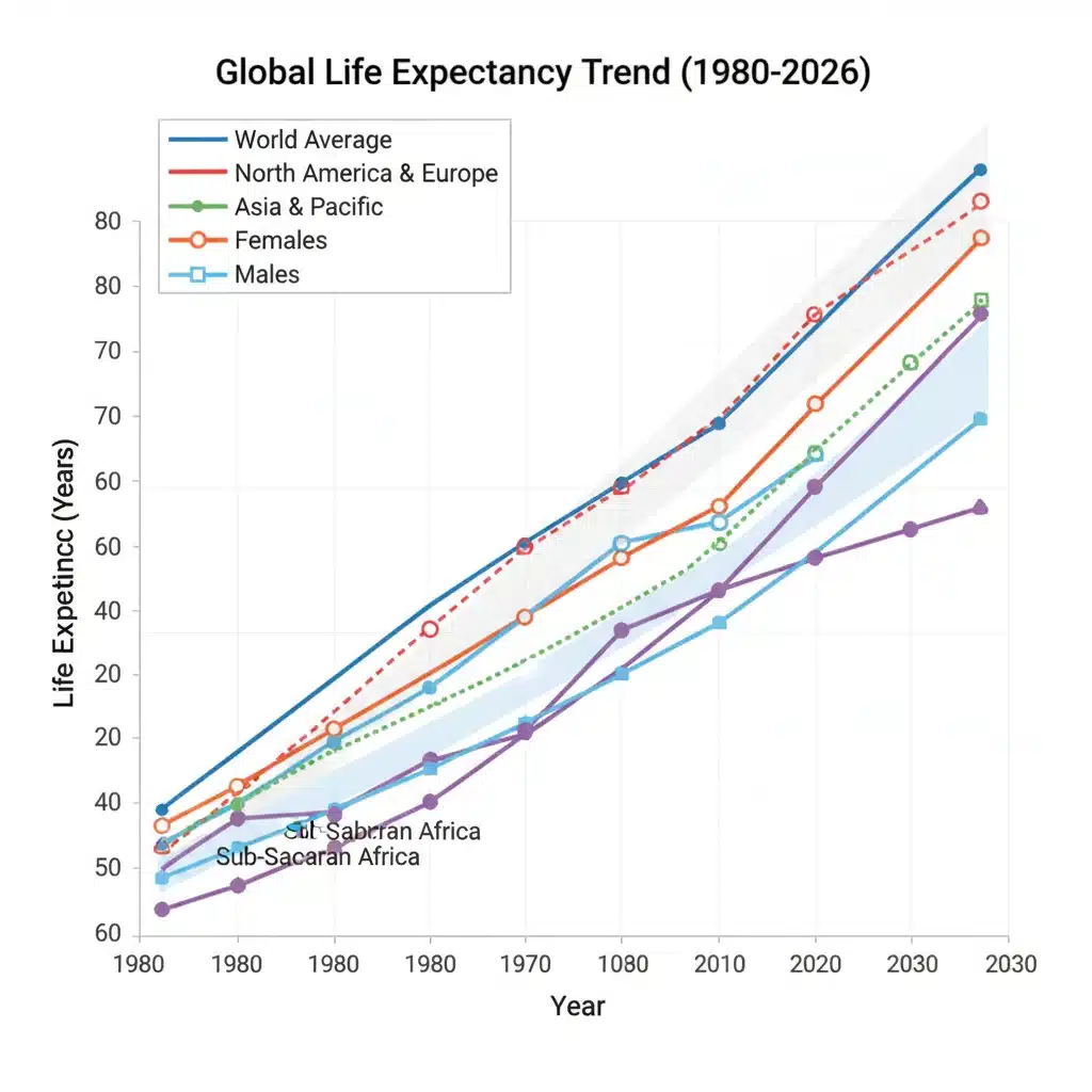 Graph illustrating the rising global life expectancy trend and its future projections.
