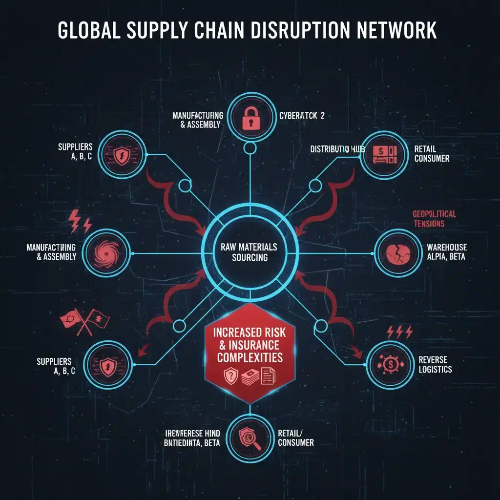 Complex global supply chain with risk indicators impacting insurance