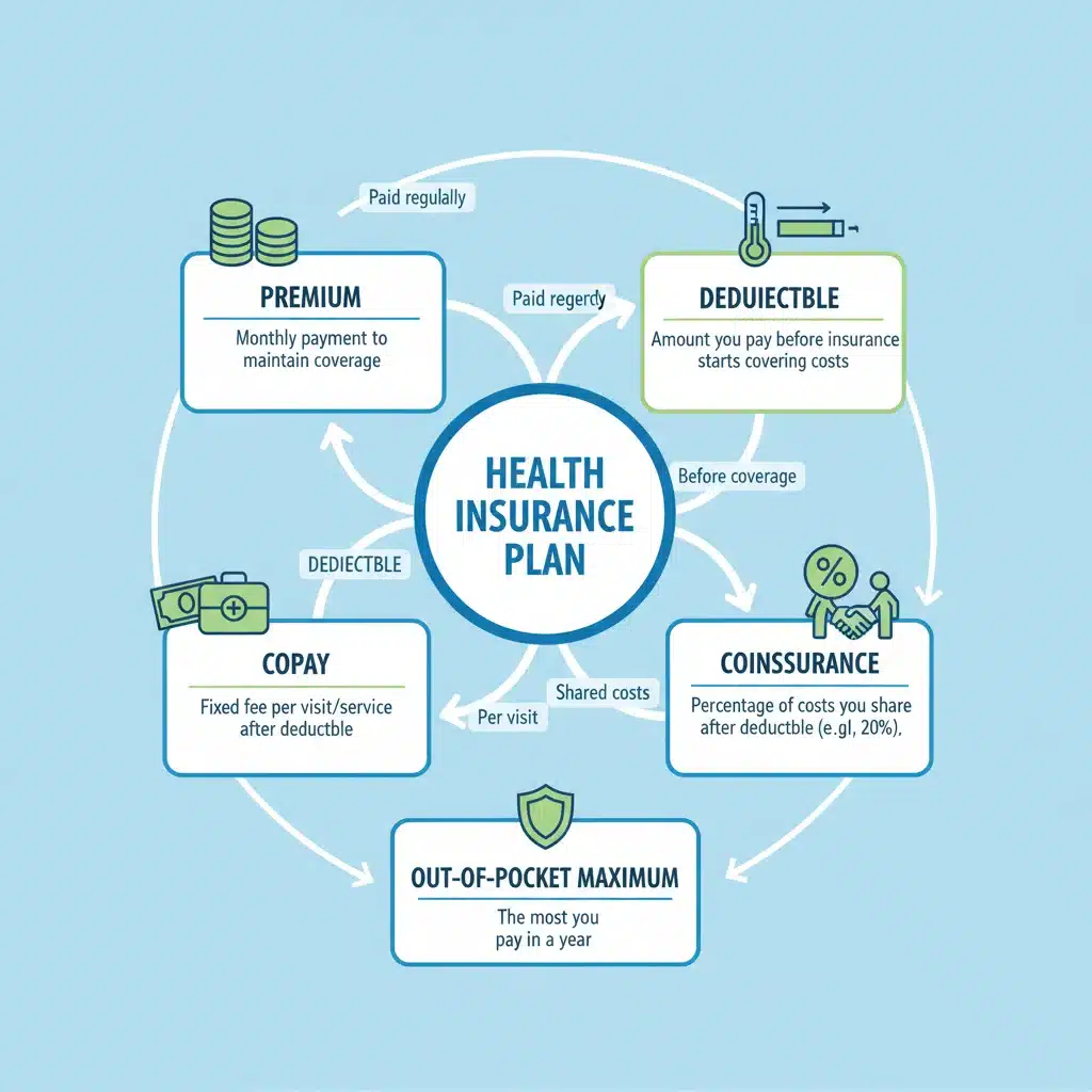 Health insurance plan components infographic: premium, deductible, copay, coinsurance