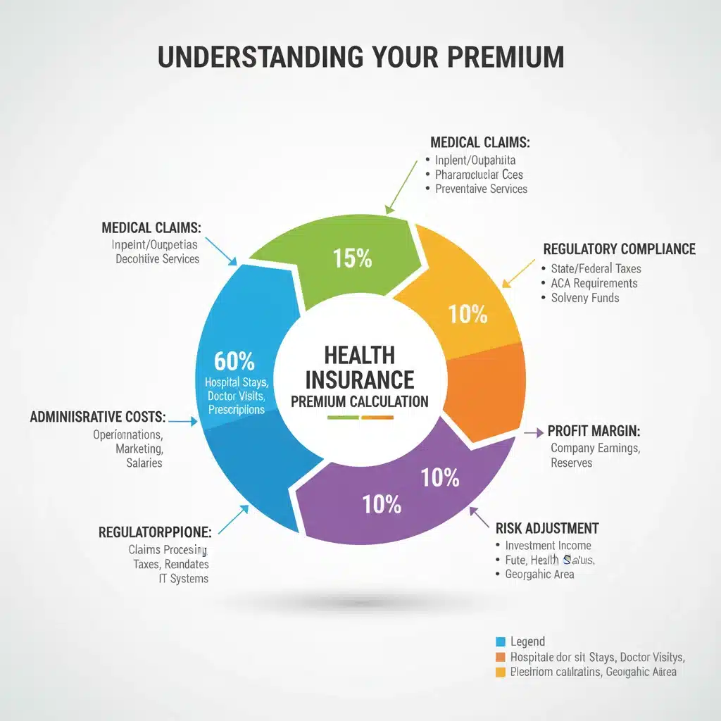 Infographic showing health insurance premium cost components and regulatory factors.