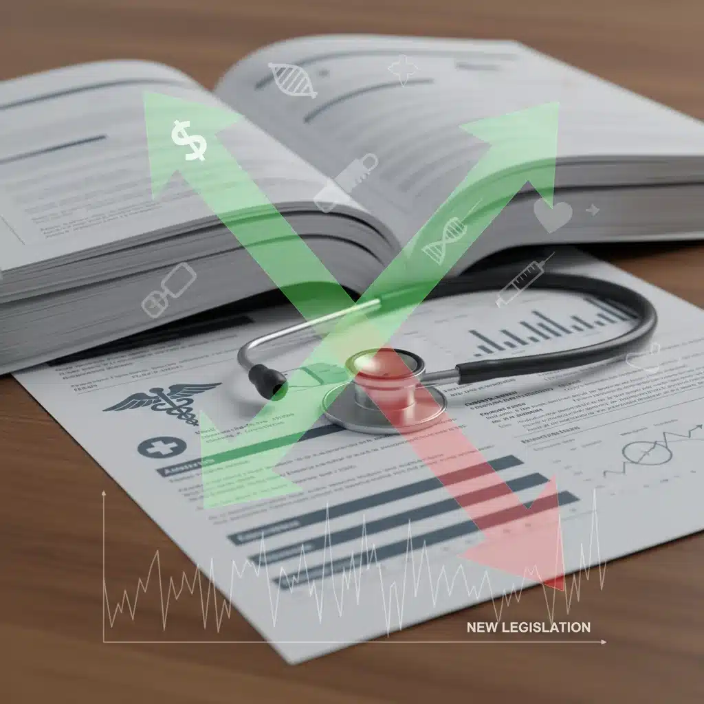 Healthcare insurance policy documents with a stethoscope, indicating legislative impact on premiums.