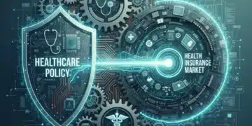 Complex digital illustration showing healthcare policy influencing the health insurance market by mid-2026.