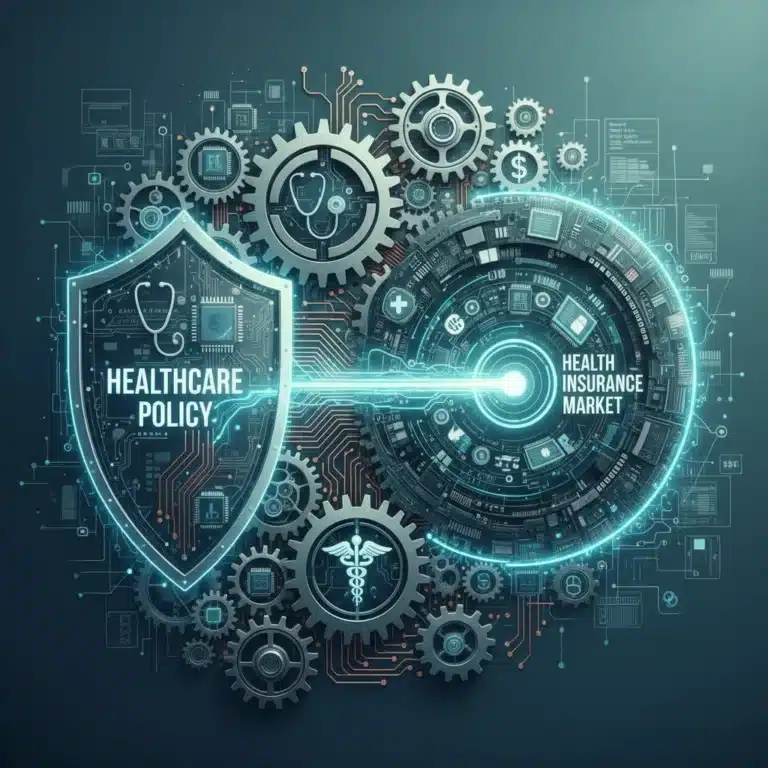 Complex digital illustration showing healthcare policy influencing the health insurance market by mid-2026.