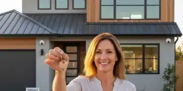 Smiling homeowner in front of a renovated house, symbolizing home insurance savings