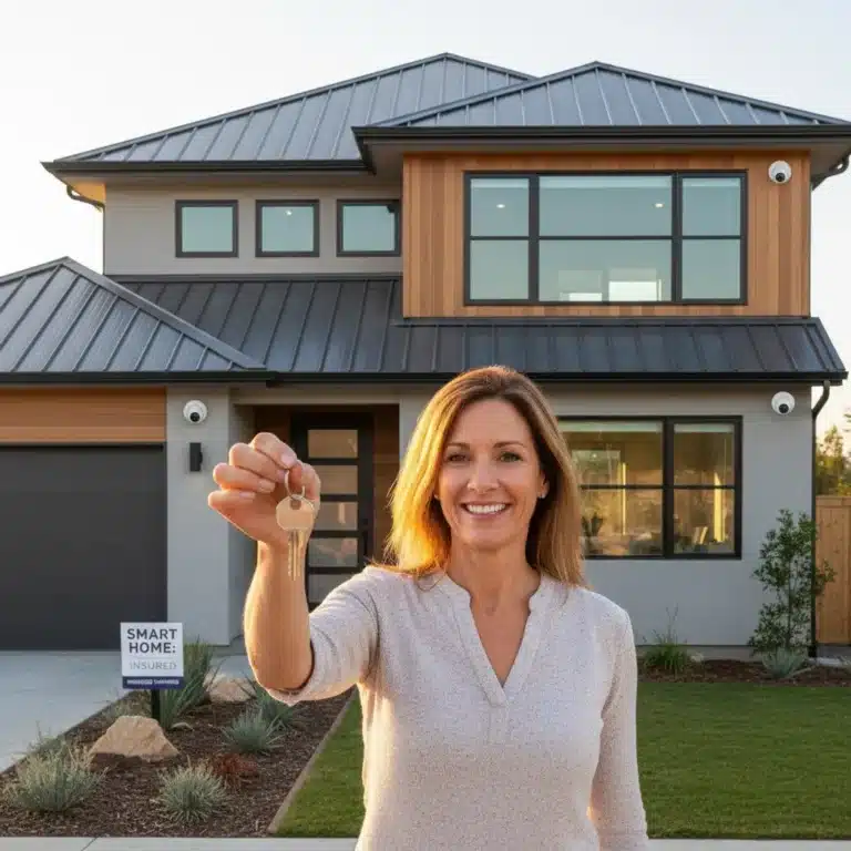 Smiling homeowner in front of a renovated house, symbolizing home insurance savings