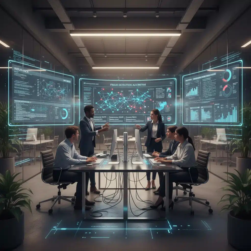 Insurance professionals collaborating with AI for claims processing