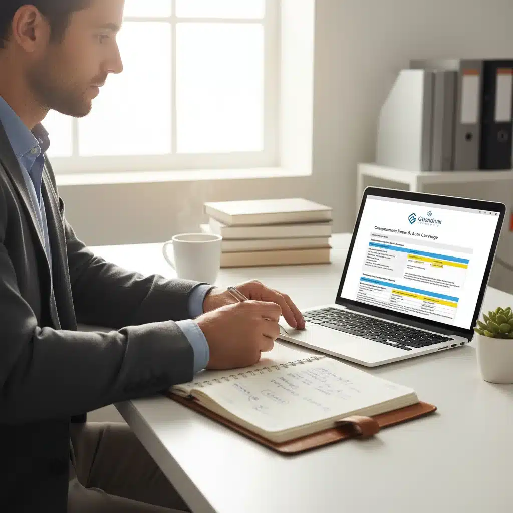Individual reviewing insurance policy details on a laptop, emphasizing careful examination.
