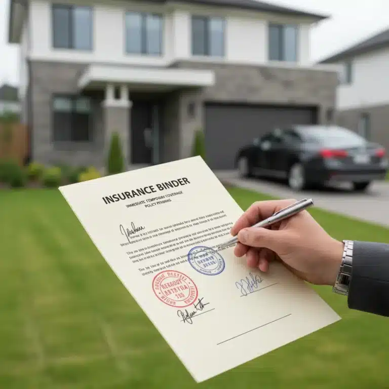Hand holding an insurance binder document, symbolizing temporary coverage for a house and car.