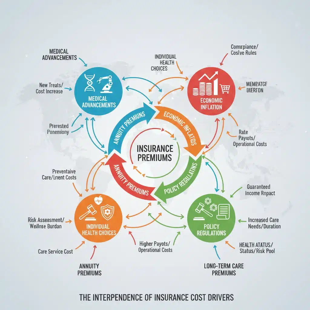 Infographic showing various factors influencing annuity and long-term care insurance premiums.
