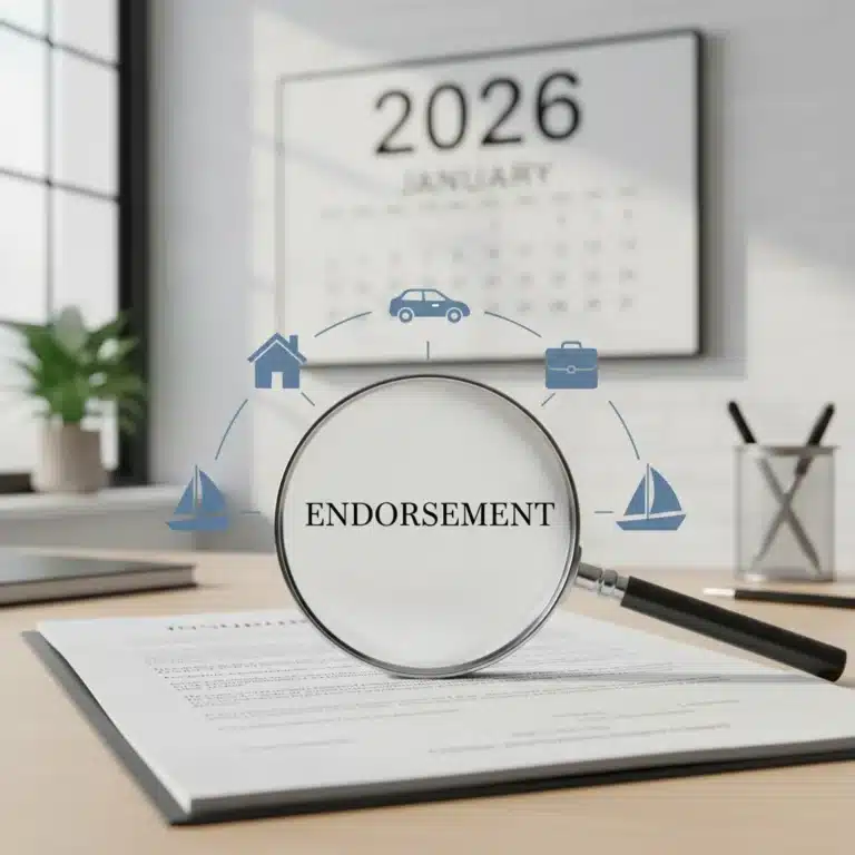 Insurance policy document with highlighted endorsement text and icons representing diverse coverage types for 2026.
