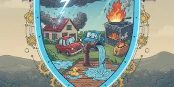 Illustration depicting various common insurance perils like lightning, car accident, burst pipe, and fire, all protected by an insurance shield with '2026' in the background.