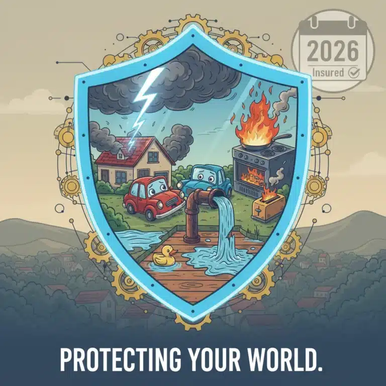 Illustration depicting various common insurance perils like lightning, car accident, burst pipe, and fire, all protected by an insurance shield with '2026' in the background.