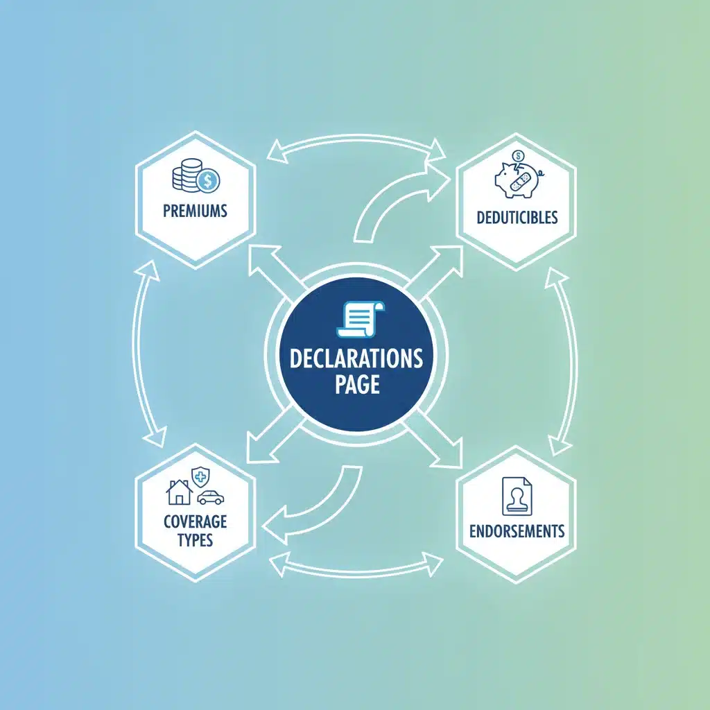 Infographic showing interconnected components of an insurance policy with declarations page at center.
