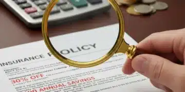 Hand with magnifying glass examining an insurance policy for deductible savings