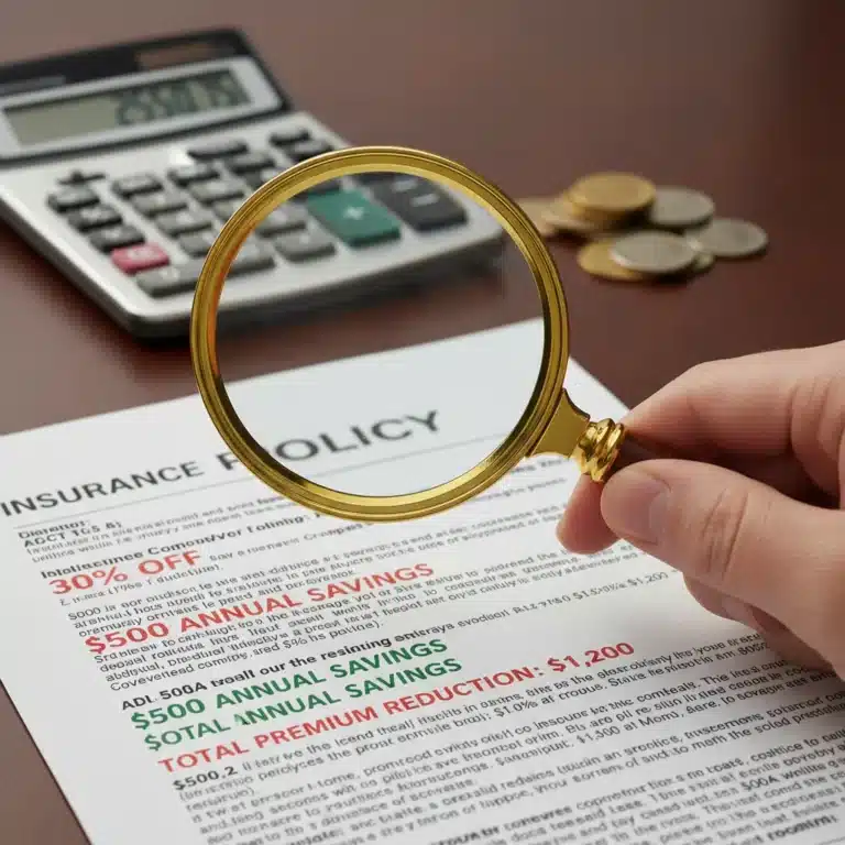 Hand with magnifying glass examining an insurance policy for deductible savings