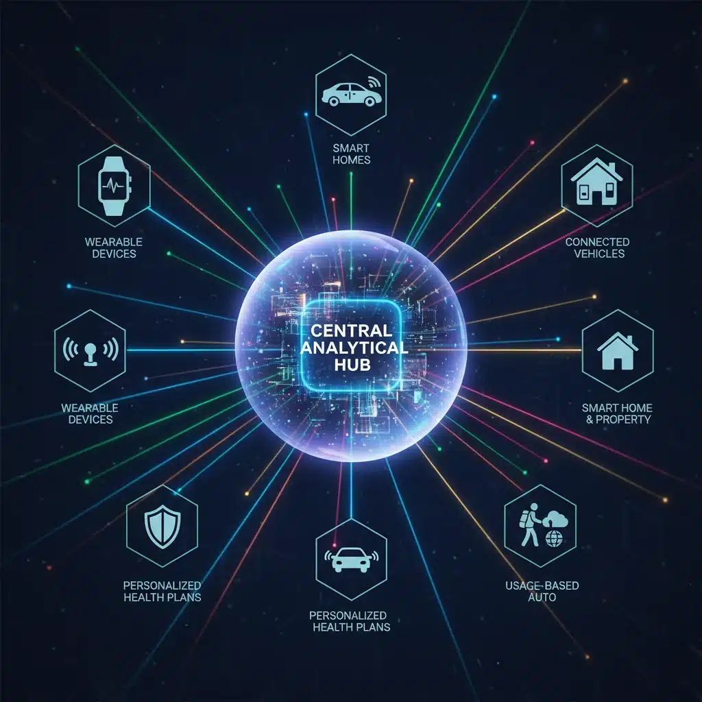 Data flow from IoT devices to personalized insurance algorithms