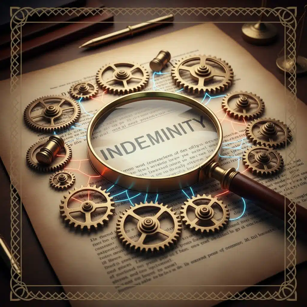 Legal contract highlighting the indemnity clause with intricate legal mechanisms.