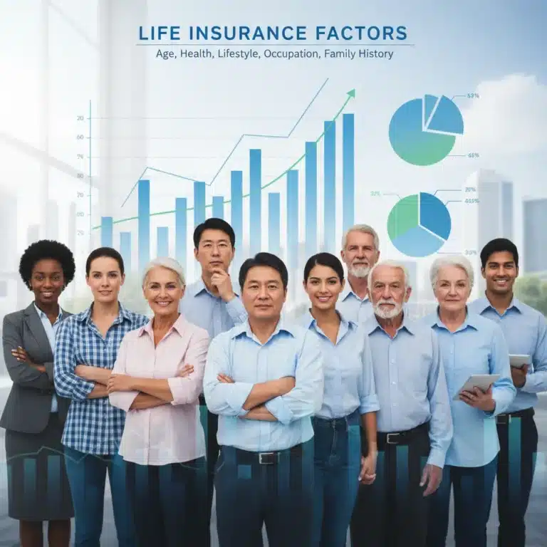 Diverse individuals standing confidently, representing different life stages and health profiles, with financial charts overlaid, symbolizing life insurance underwriting factors.