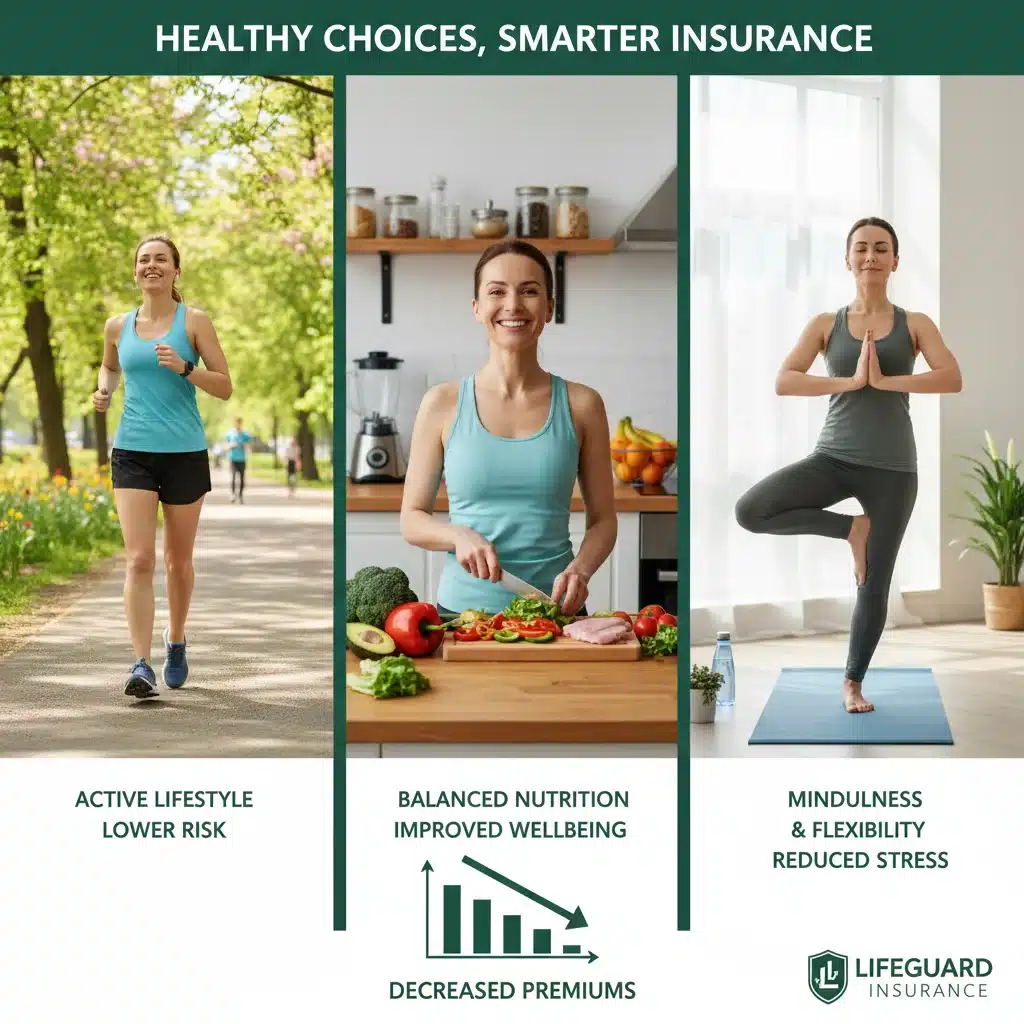 Collage showing a person jogging, cooking healthy food, and doing yoga, demonstrating lifestyle's influence on life insurance costs.