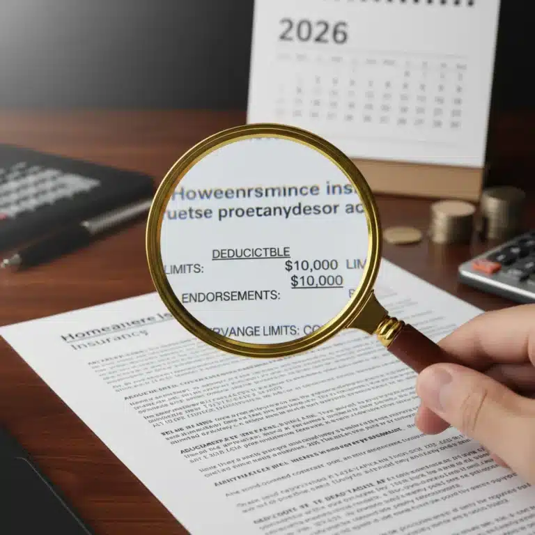 Magnifying glass over homeowners insurance policy document for 2026