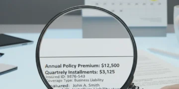 Magnifying glass examining policy premium document with Q1 2026 calendar