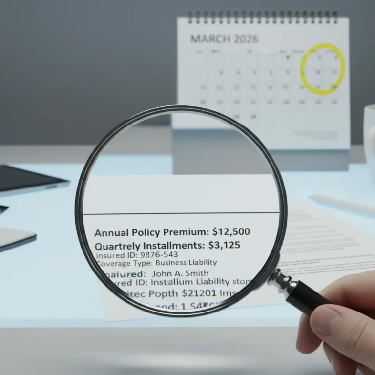 Magnifying glass examining policy premium document with Q1 2026 calendar
