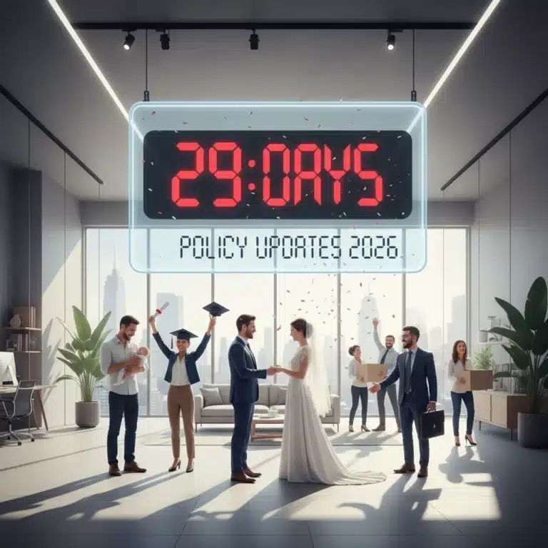 Diverse individuals facing major life changes with a 30-day countdown clock for policy updates.