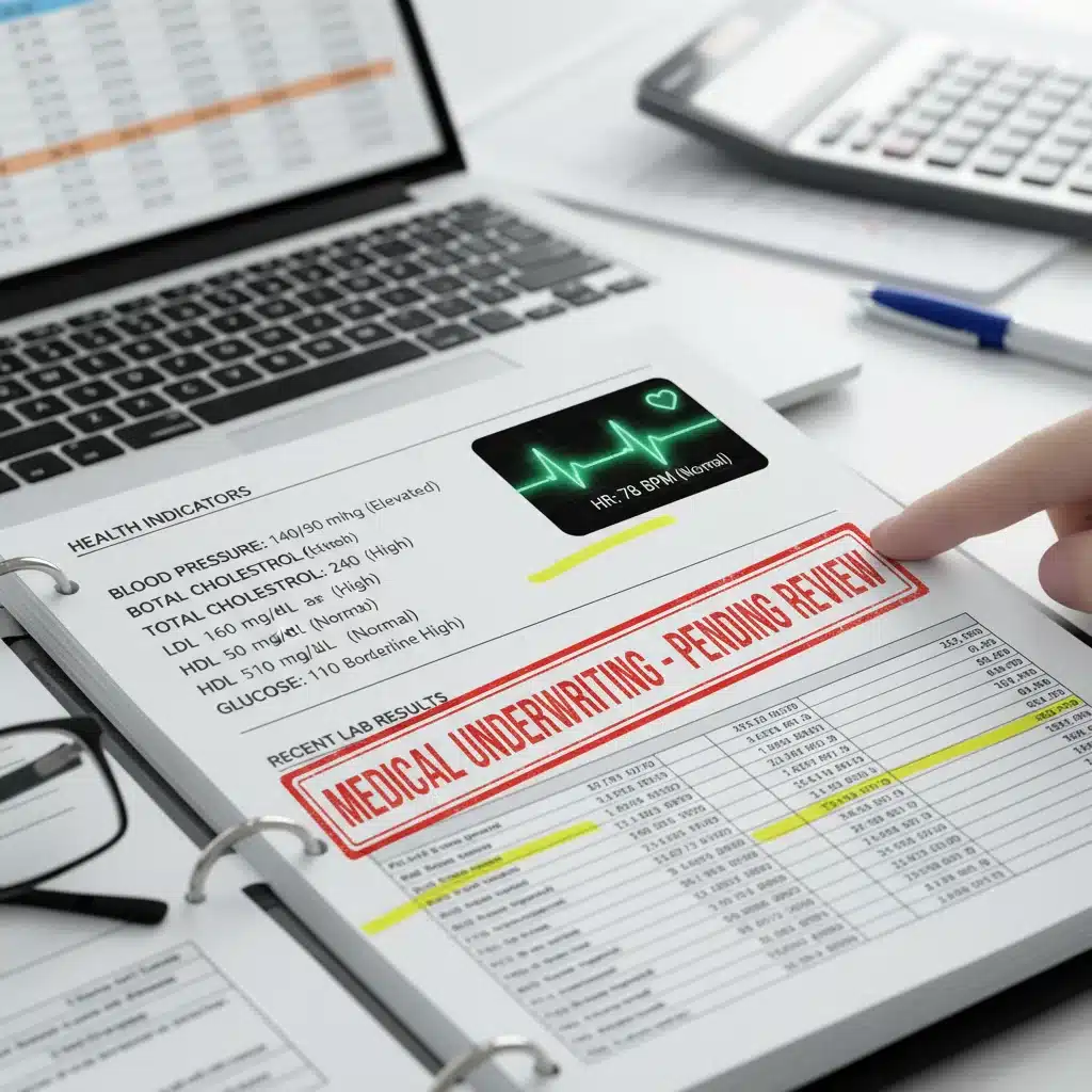 Close-up of a medical chart displaying health indicators like blood pressure and cholesterol, representing health underwriting in life insurance.