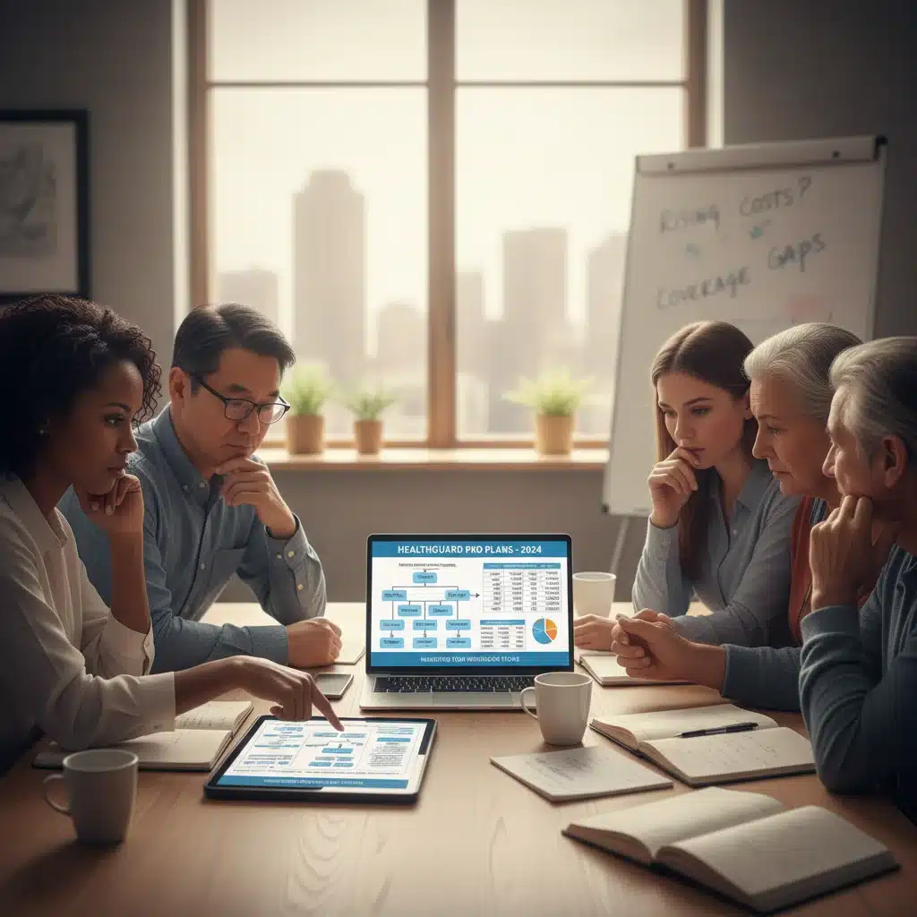 Diverse individuals reviewing complex health insurance plan options on a digital device.