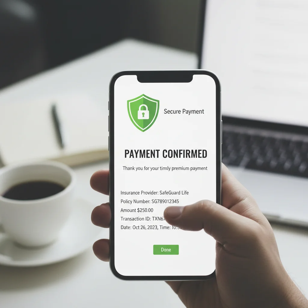Online payment confirmation for insurance premium on smartphone, showing secure transaction.