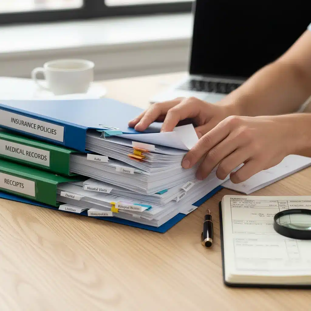 Hand organizing important documents for a claim application.